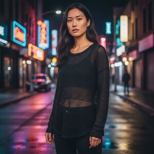 Rock & Republic Metallic Black Purple Mesh Open Knit Top Disco Rave Size Medium